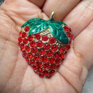 Strawberry Brooch Red Rhinestone Fruit Vintage Style Pin